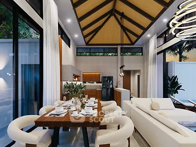 Luxurious open-plan living room with modern kitchen and elegant dining area, featuring high ceilings and stylish decor.