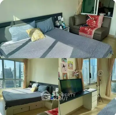 Spacious bedroom with city view, modern furniture, and ample natural light.
