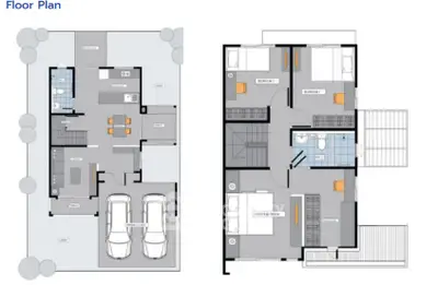 Modern two-story house floor plan with spacious layout and double garage.