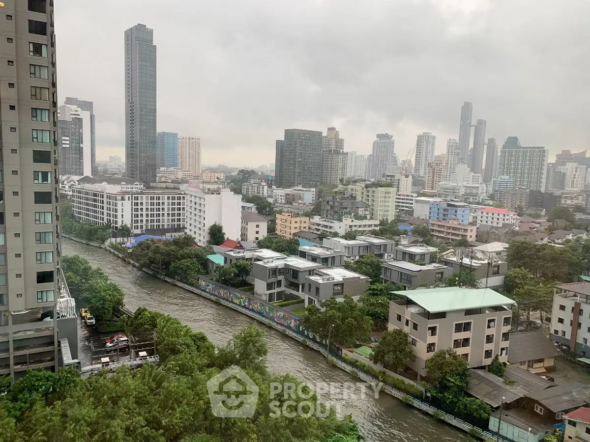 Stunning cityscape view with river and modern high-rise buildings, perfect for urban living.