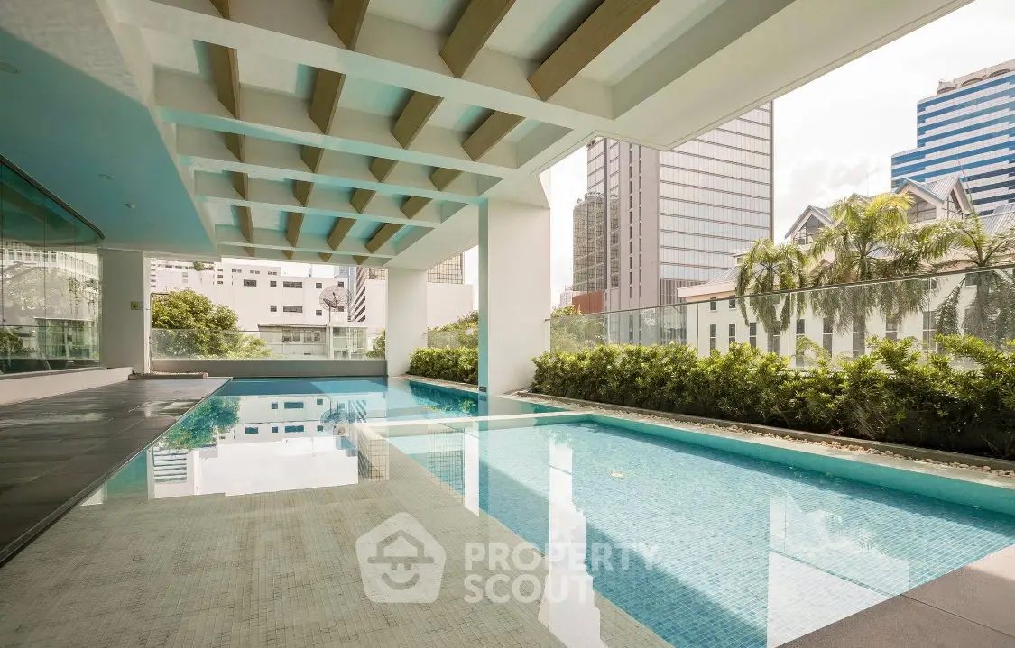Luxurious modern pool area with city skyline views, perfect for relaxation and leisure.