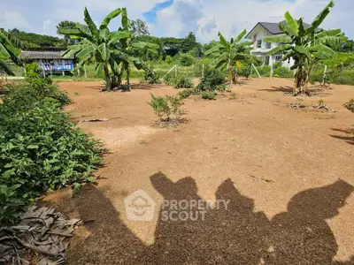 Spacious land plot with banana trees and a distant house, ideal for development.