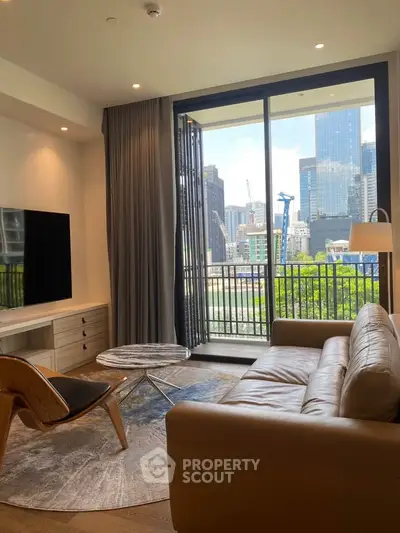 Modern living room with city view and stylish furniture