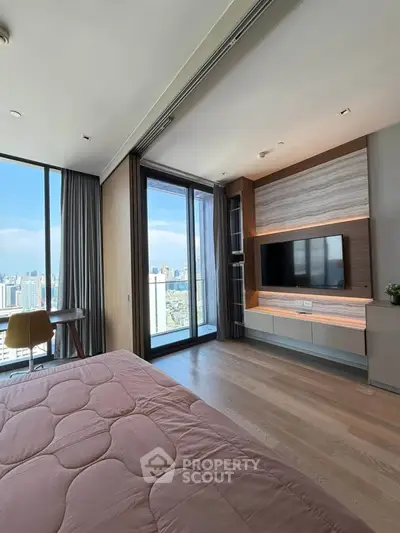 Luxurious bedroom with stunning city view and modern decor