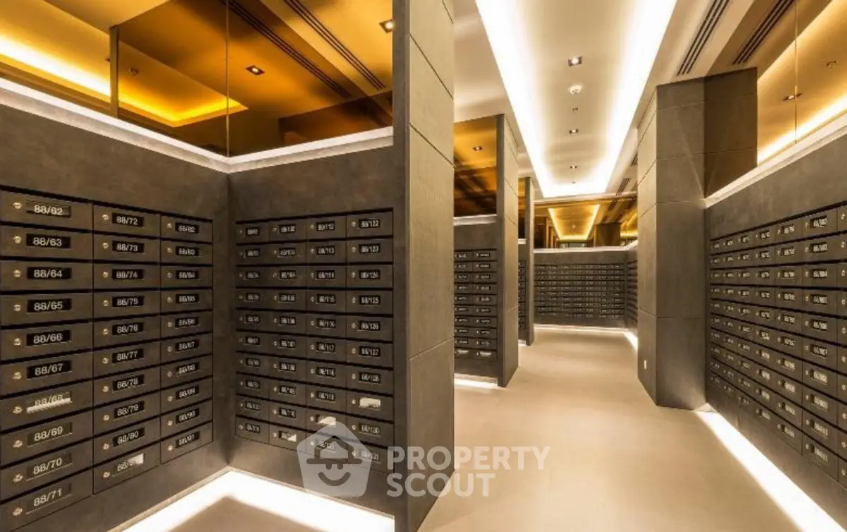 Luxurious modern apartment mailroom with sleek design and ambient lighting