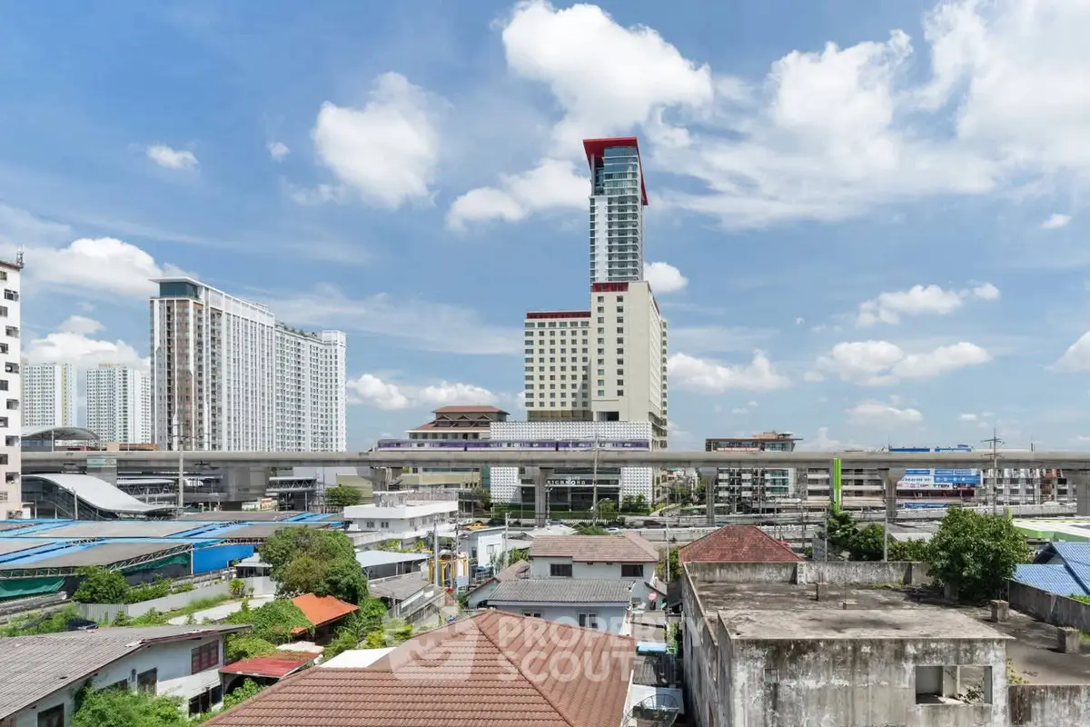 Stunning cityscape view with modern high-rise buildings under a clear blue sky, showcasing urban living.