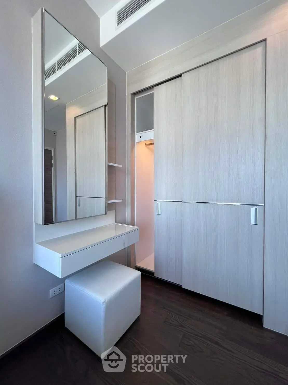 Modern bedroom with sleek built-in wardrobe and stylish vanity area
