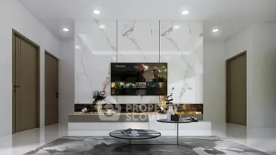 Luxurious modern living room with marble accent wall and sleek decor