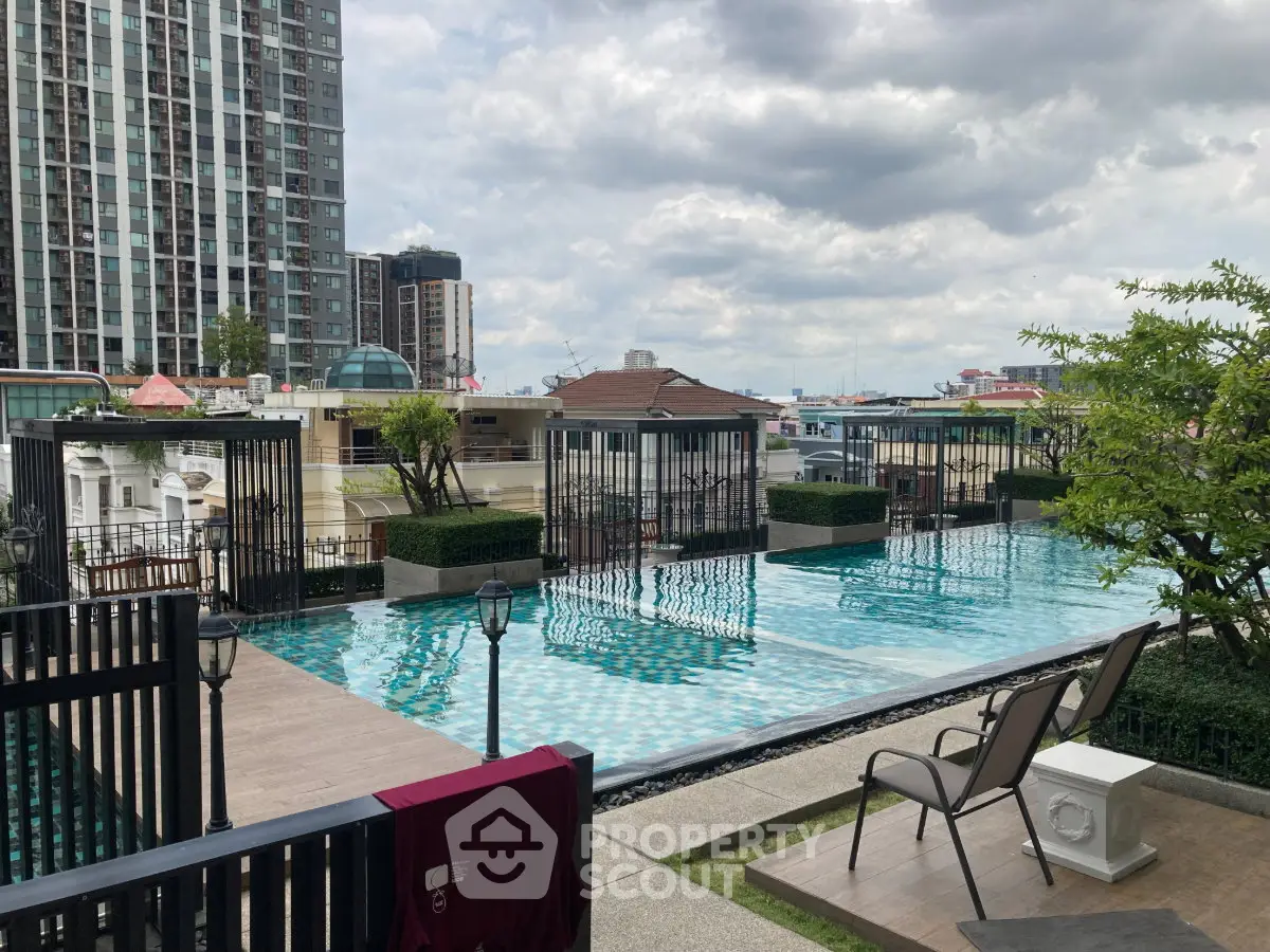 Luxurious rooftop pool with cityscape view, perfect for relaxation and leisure in a modern urban setting.