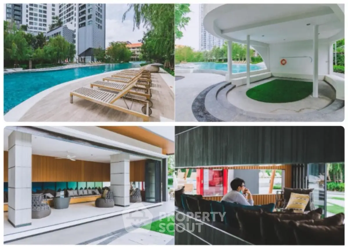 Luxurious poolside and modern amenities in upscale residential complex.