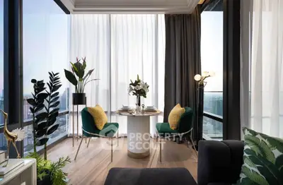 Luxurious living room with floor-to-ceiling windows and elegant decor in a high-rise apartment.