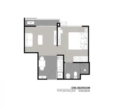One-bedroom apartment floor plan with efficient layout and modern design.