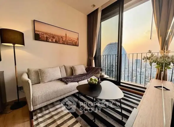 Modern living room with stunning city view and stylish decor