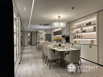 Luxurious modern kitchen with elegant dining area and stylish lighting