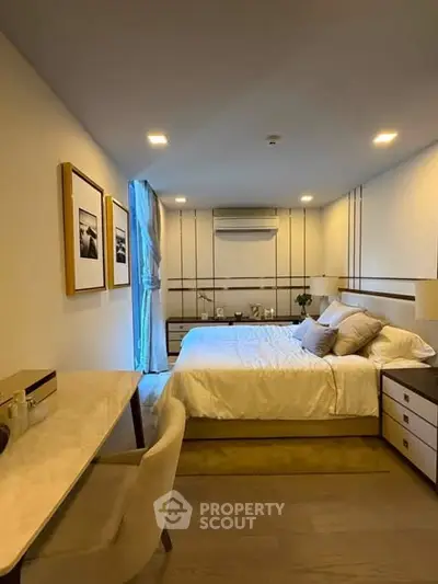 Luxurious modern bedroom with elegant decor and ambient lighting