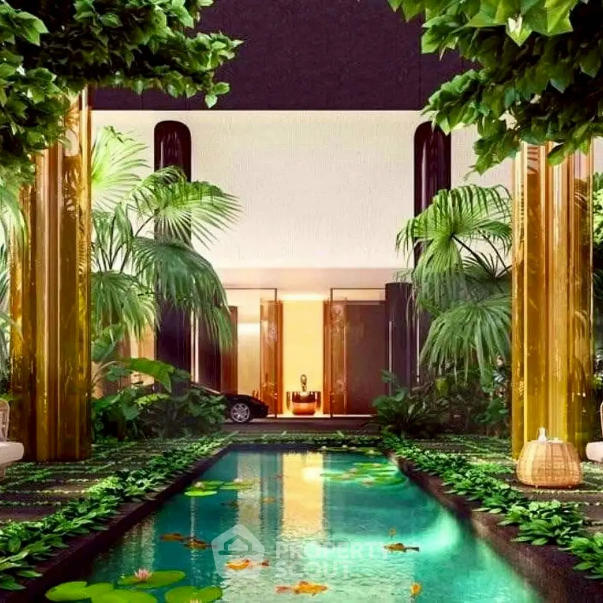 Luxurious garden view with elegant pool and lush greenery in modern real estate setting.