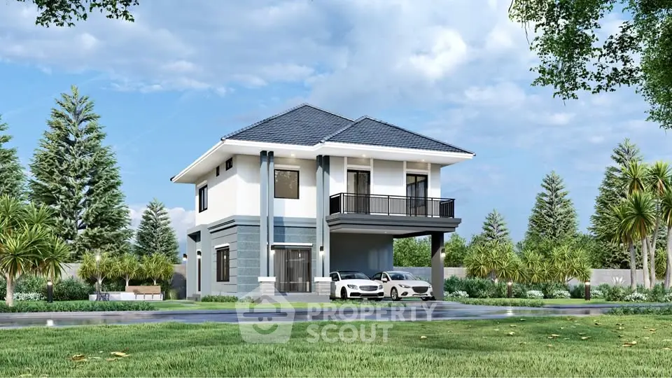 Stunning modern two-story house with sleek design and spacious driveway in a lush green setting.