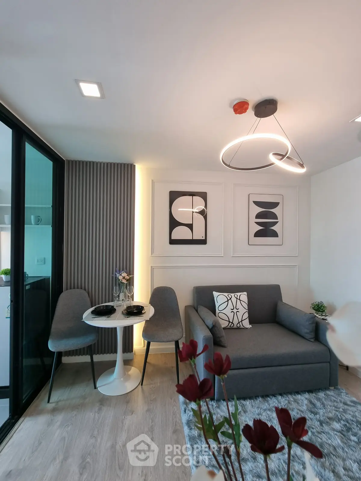 Modern living room with stylish decor and cozy seating area