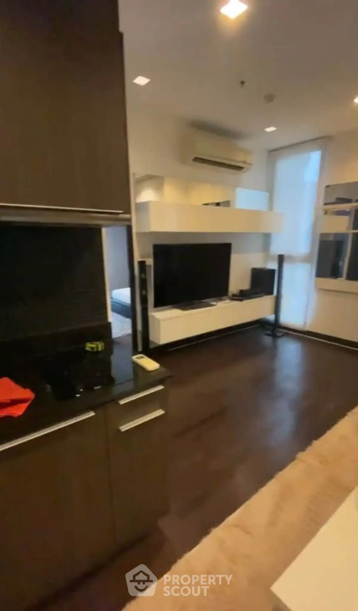 Modern living room with sleek design and integrated entertainment center