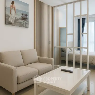 Modern living room with beige sofa, white coffee table, and stylish partition leading to bedroom.