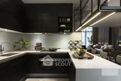 Modern kitchen with sleek dark cabinets and open layout