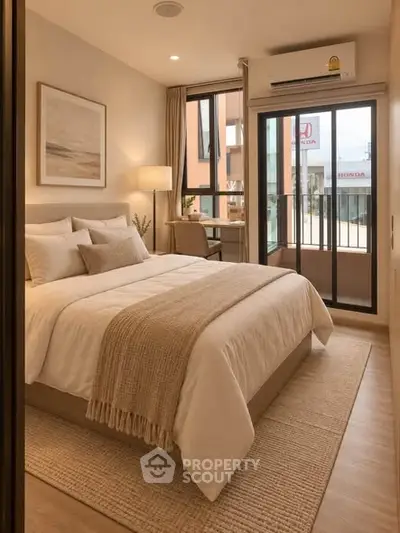 Cozy bedroom with modern decor and balcony access in a stylish apartment.