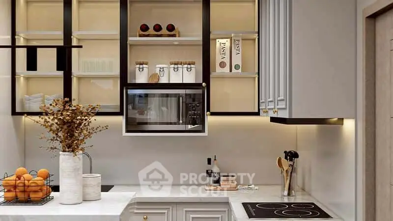Modern kitchen with sleek cabinetry and built-in microwave