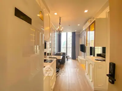 Luxurious modern apartment interior with open layout and city view, featuring elegant furnishings and natural light.