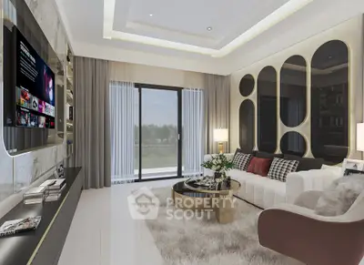 Luxurious modern living room with plush sofa, stylish decor, and large window view.