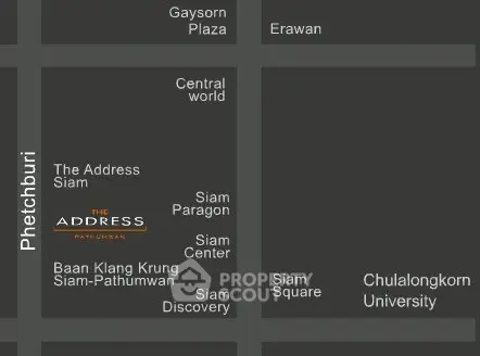 Map showing The Address Siam and nearby landmarks like Siam Paragon and Chulalongkorn University.