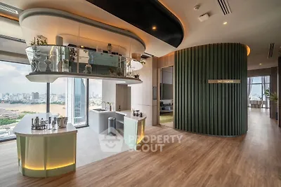 Luxurious modern interior with panoramic city view and stylish decor