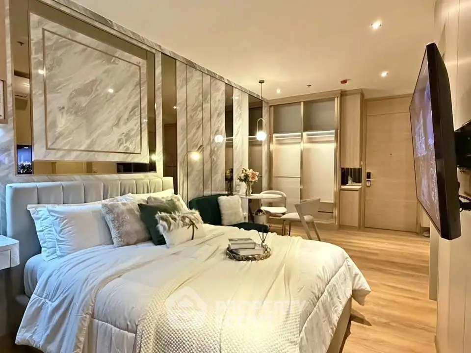 Luxurious modern bedroom with elegant decor and ambient lighting