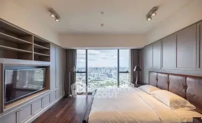 Luxurious bedroom with panoramic city view and elegant decor