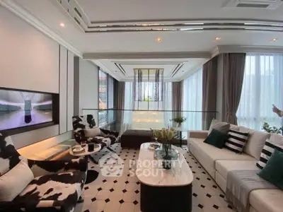 Luxurious living room with modern decor, large windows, and stylish furniture in a high-end apartment.