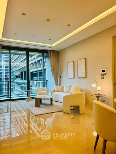 Luxurious modern living room with elegant furniture and floor-to-ceiling windows offering stunning city views.