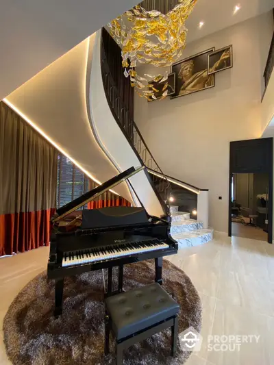 Luxurious living space with grand piano, elegant staircase, and artistic chandelier, perfect for sophisticated tastes and musical evenings.