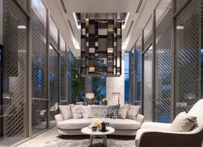 Luxurious modern living room with floor-to-ceiling windows and stylish decor.