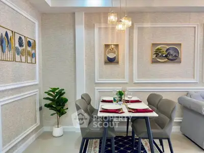 Elegant dining area with modern decor and stylish lighting