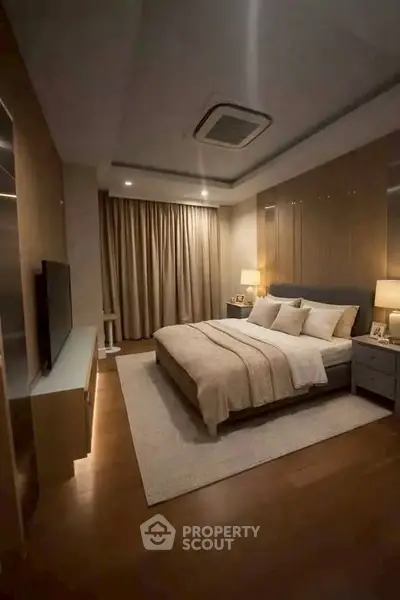 Luxurious bedroom with modern decor and ambient lighting, featuring a cozy bed and elegant furnishings.