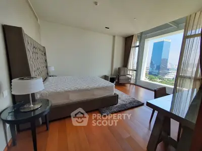 Spacious bedroom with city view and modern furnishings