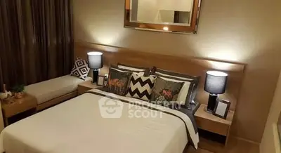 Cozy modern bedroom with stylish decor and ambient lighting