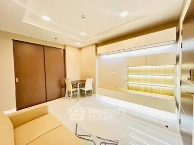 Modern living room with sleek furniture and ambient lighting