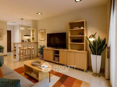 Modern living room with stylish furniture and open kitchen layout, perfect for cozy gatherings.