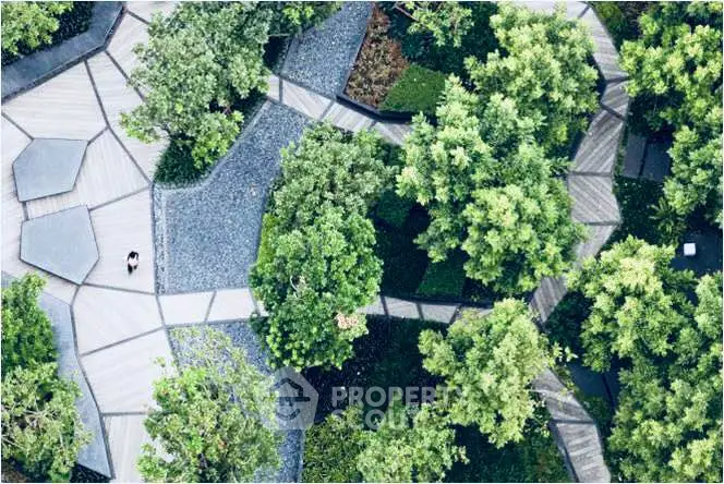 Stunning aerial view of modern landscaped garden with geometric pathways and lush greenery.