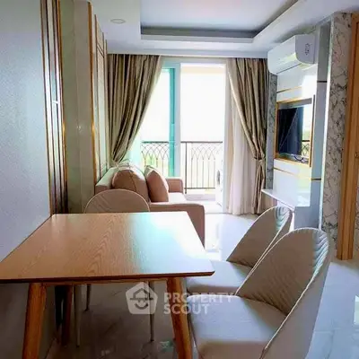 Modern living room with elegant decor and balcony view