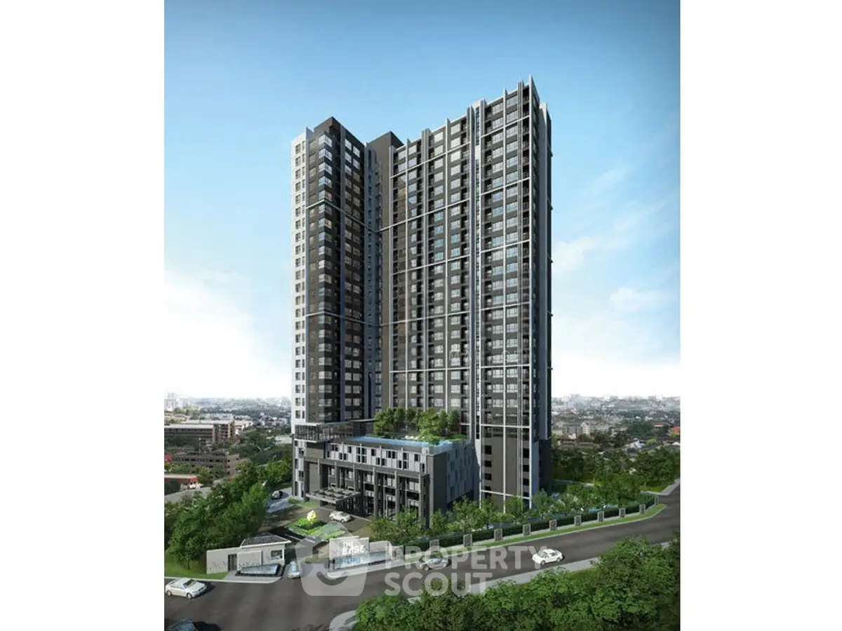 Modern high-rise building with sleek design and panoramic city views.