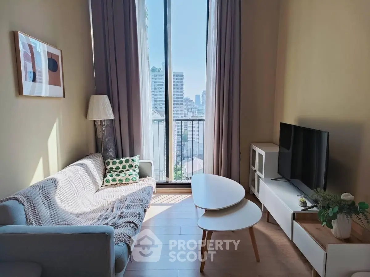 Cozy living room with modern decor and city view