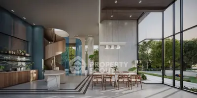 Luxurious modern dining area with floor-to-ceiling windows and elegant spiral staircase.
