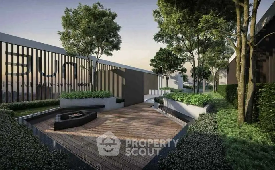 Modern rooftop garden with elegant wooden deck and lush greenery