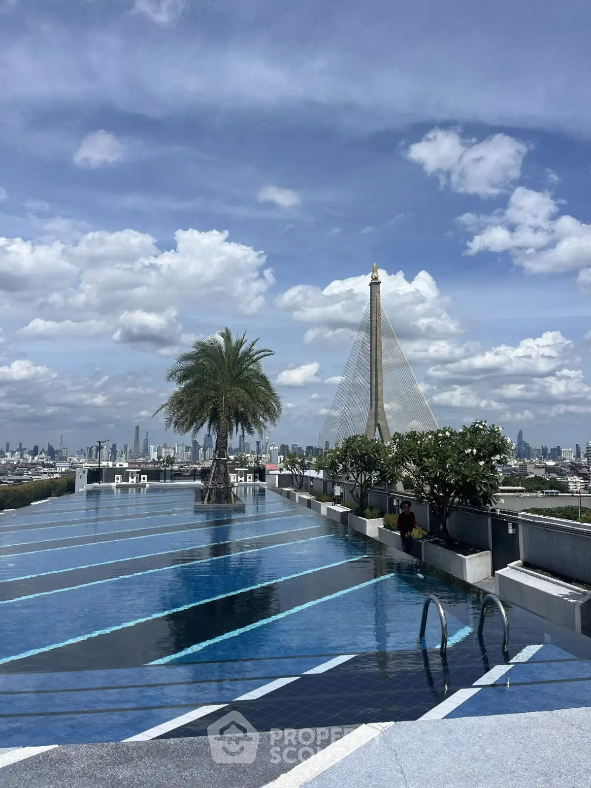 Stunning rooftop pool with panoramic city views and iconic bridge backdrop.